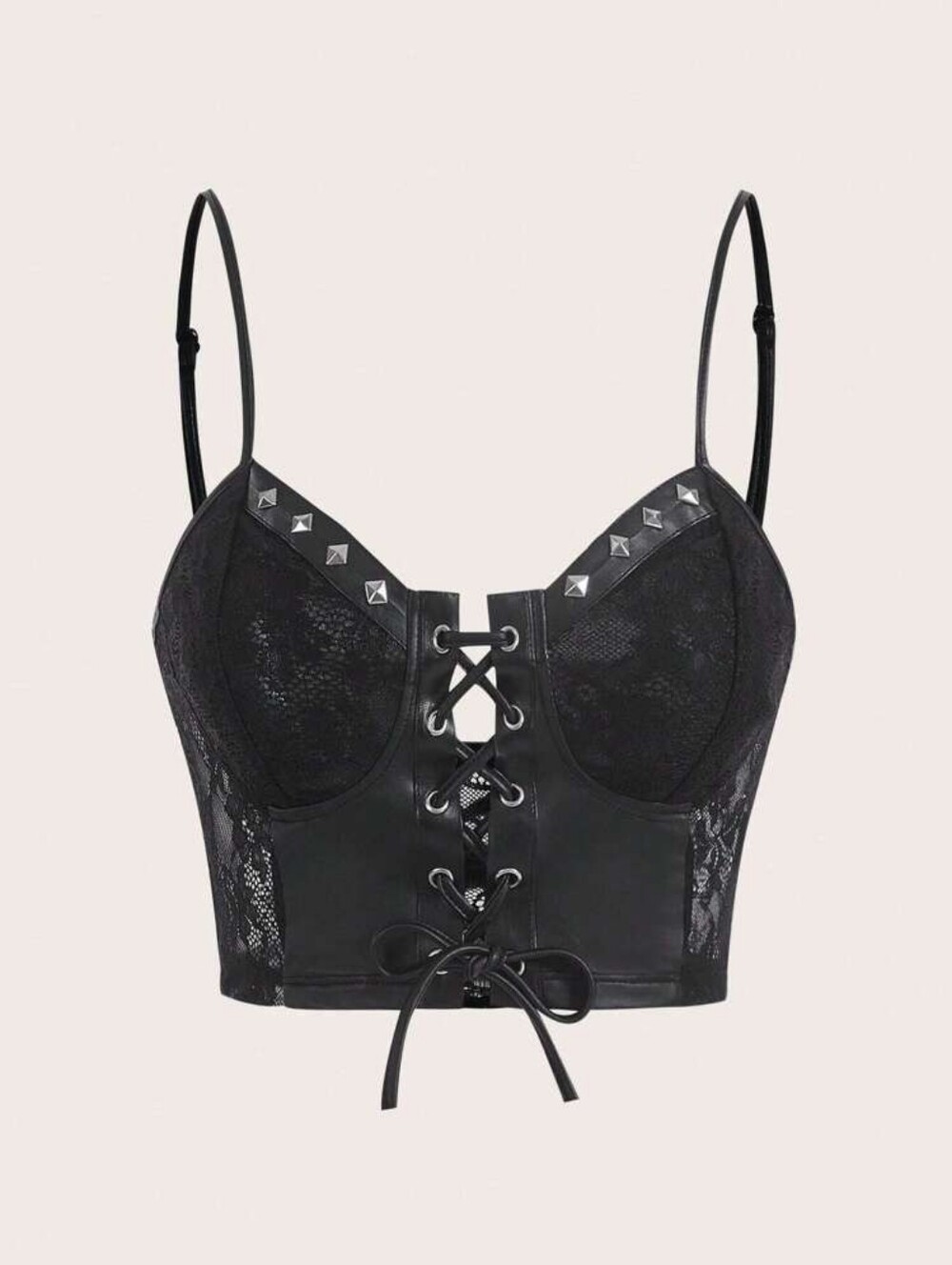 Shein Black Studded Lace-Up Lace & Faux Leather Bustier Corset Top | Size Small